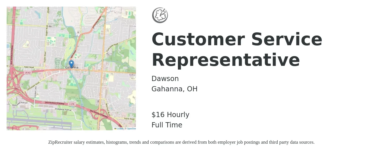 Dawson job posting for a Customer Service Representative in Gahanna, OH with a salary of $17 Hourly with a map of Gahanna location.