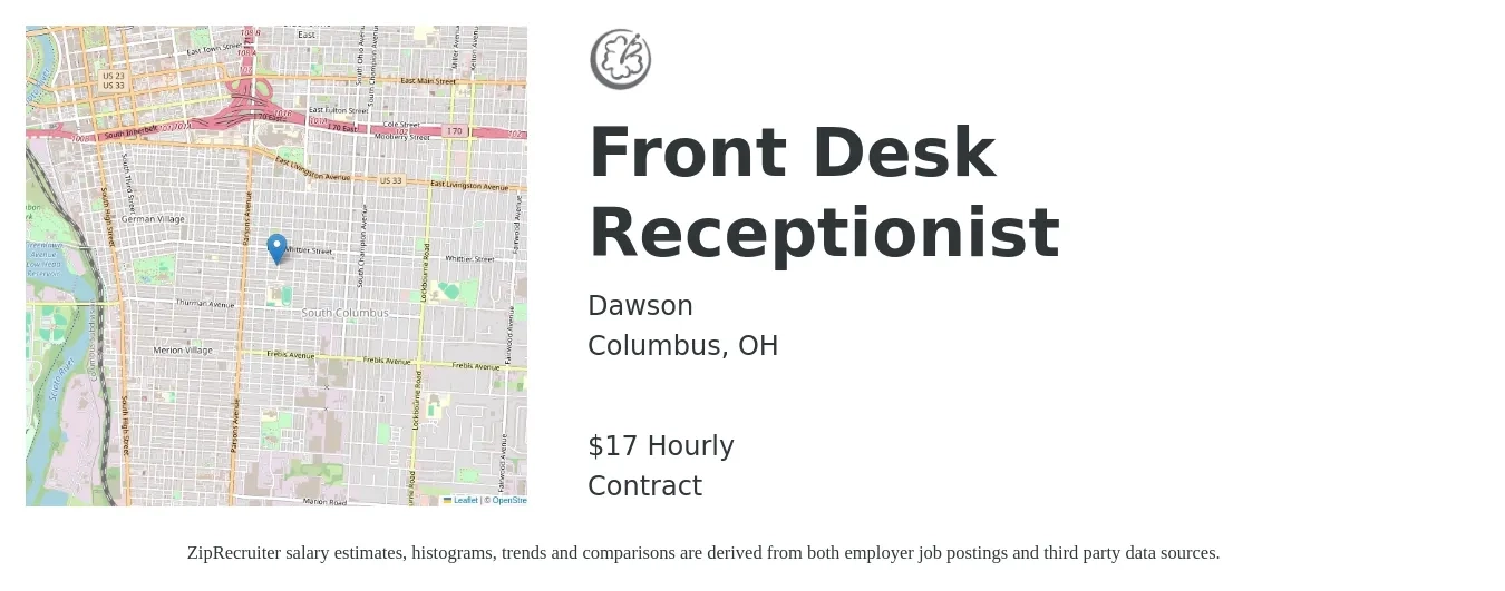 Dawson job posting for a Front Desk Receptionist in Columbus, OH with a salary of $18 Hourly with a map of Columbus location.