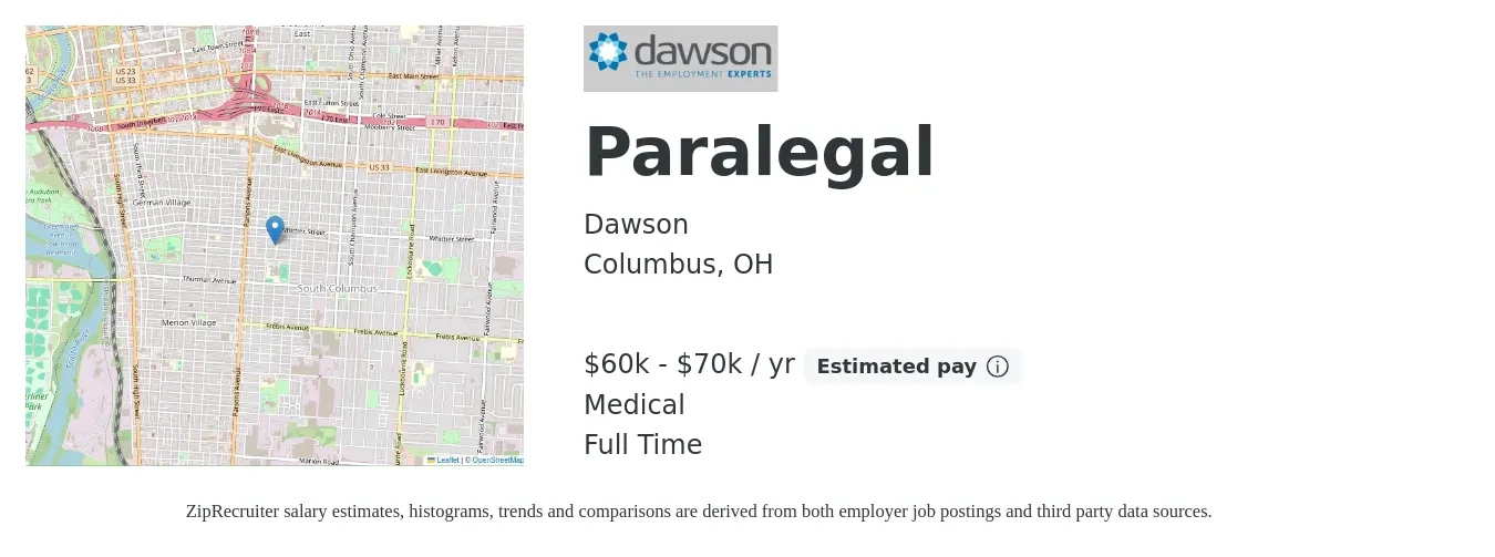 Dawson job posting for a Paralegal in Columbus, OH with a salary of $60,000 to $70,000 Yearly and benefits including medical, pto, retirement, and life_insurance with a map of Columbus location.
