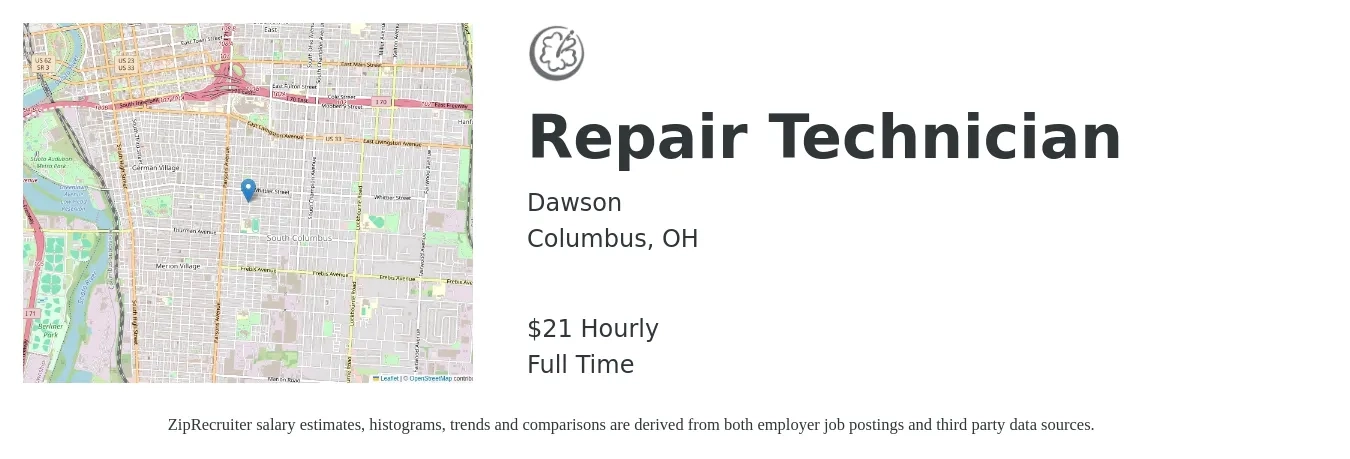 Dawson job posting for a Repair Technician in Columbus, OH with a salary of $22 Hourly with a map of Columbus location.