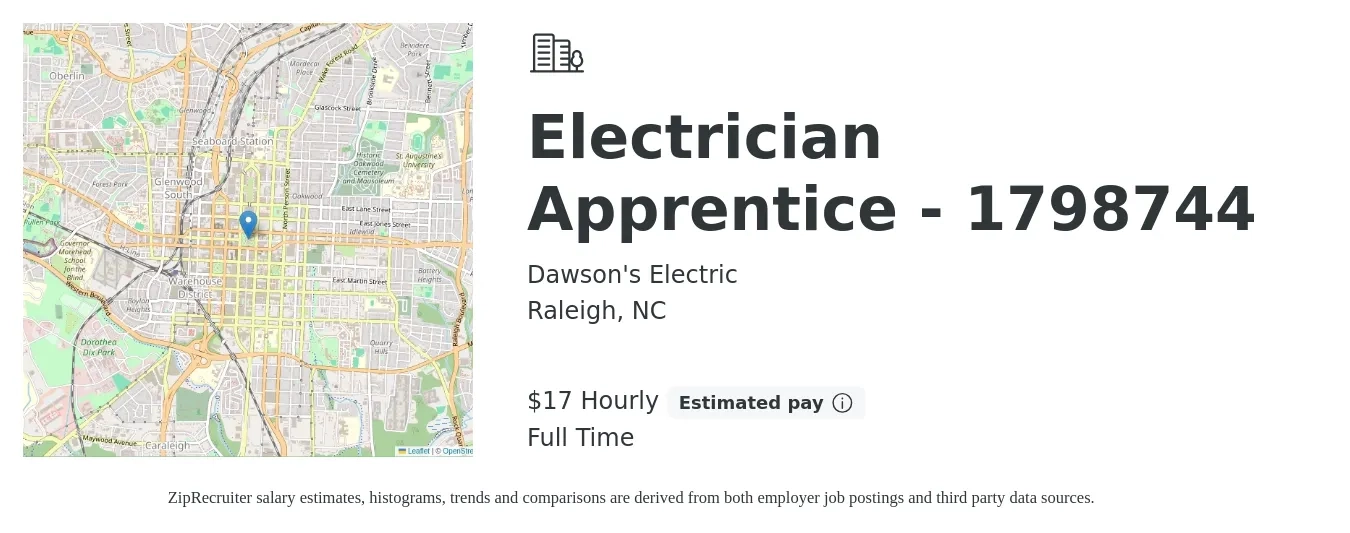 Dawson's Electric job posting for a Electrician Apprentice - 1798744 in Raleigh, NC with a salary of $18 Hourly with a map of Raleigh location.