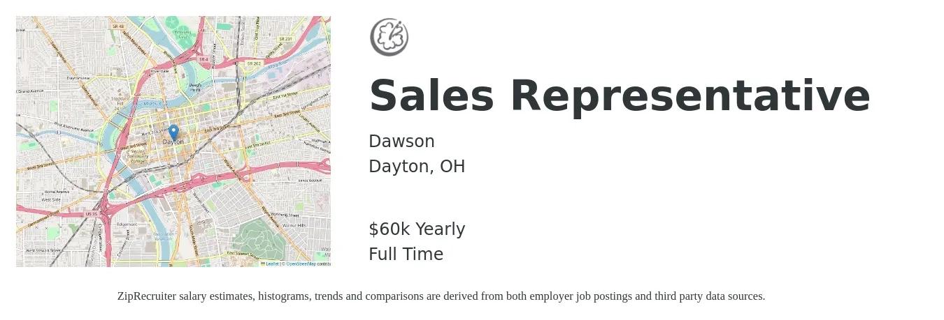 Dawson job posting for a Sales Representative in Dayton, OH with a salary of $60,000 Yearly with a map of Dayton location.