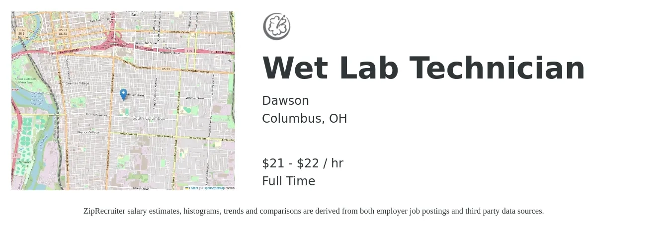 Dawson job posting for a Wet Lab Technician in Columbus, OH with a salary of $22 to $23 Hourly with a map of Columbus location.