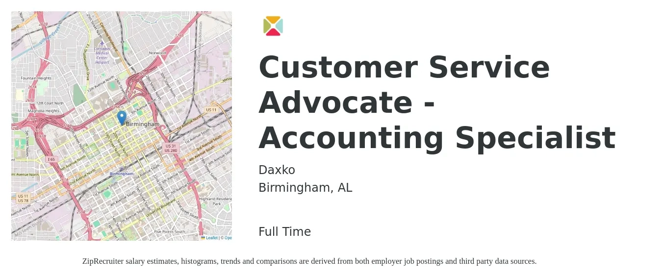 Daxko job posting for a Customer Service Advocate - Accounting Specialist in Birmingham, AL with a salary of $16 to $32 Hourly with a map of Birmingham location.