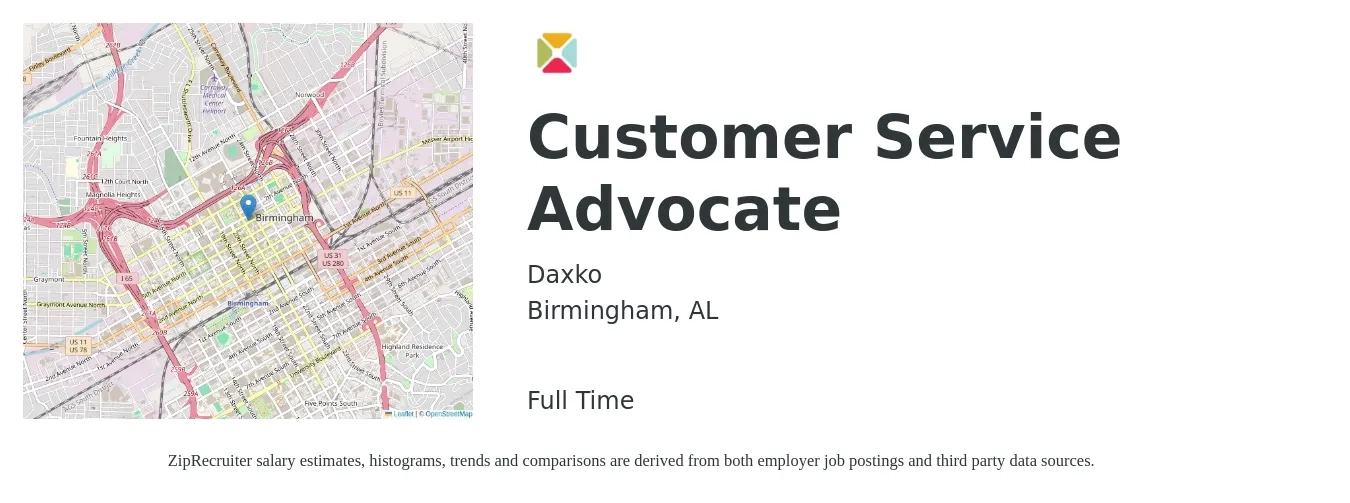 Daxko job posting for a Customer Service Advocate in Birmingham, AL with a salary of $16 to $32 Hourly with a map of Birmingham location.