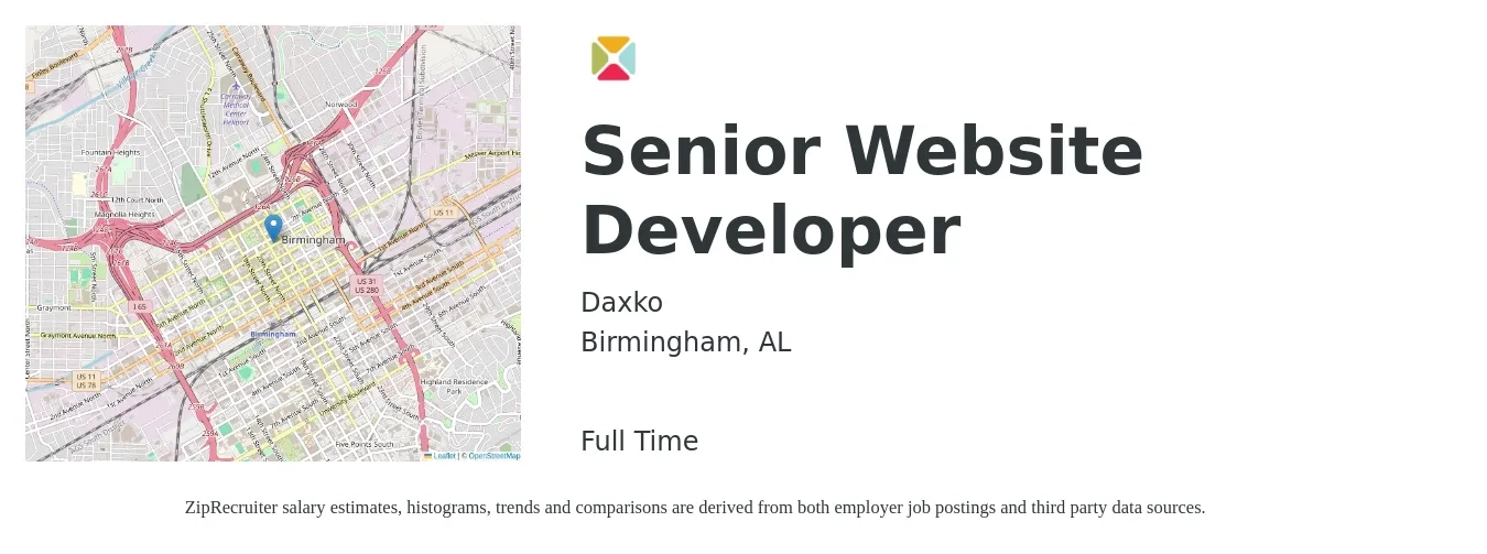 Daxko job posting for a Senior Website Developer in Birmingham, AL with a salary of $85,300 to $123,200 Yearly with a map of Birmingham location.