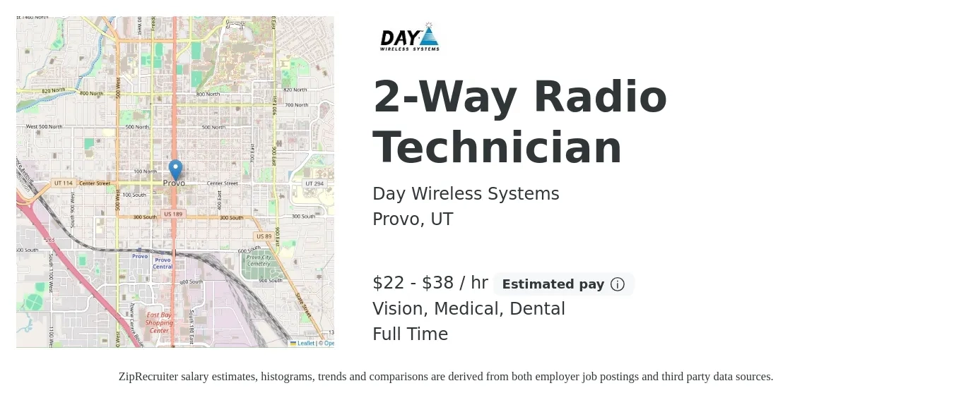 Day Wireless Systems job posting for a 2-Way Radio Technician in Provo, UT with a salary of $23 to $40 Hourly and benefits including vision, dental, life_insurance, medical, and retirement with a map of Provo location.