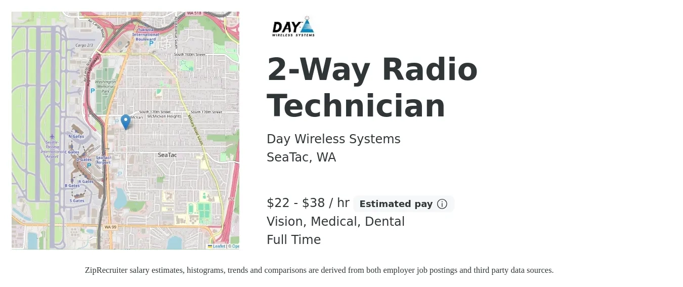 Day Wireless Systems job posting for a 2-Way Radio Technician in SeaTac, WA with a salary of $23 to $40 Hourly and benefits including life_insurance, medical, retirement, vision, and dental with a map of SeaTac location.