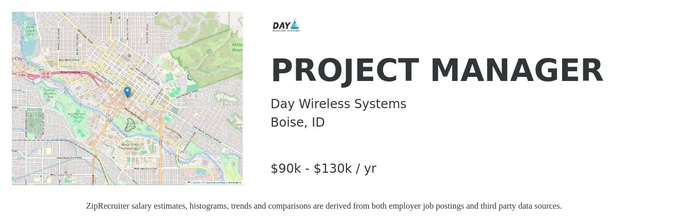 Day Wireless Systems job posting for a Project Manager in Boise, ID with a salary of $90,000 to $130,000 Yearly and benefits including dental, life_insurance, medical, retirement, and vision with a map of Boise location.
