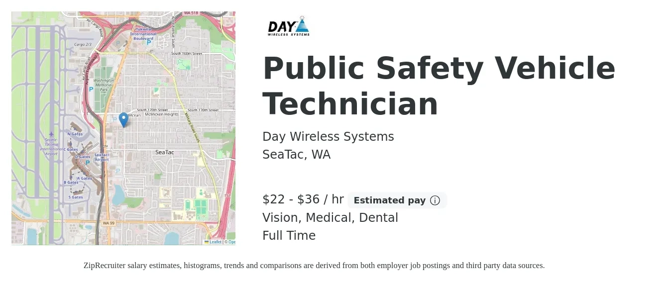 Day Wireless Systems job posting for a Public Safety Vehicle Technician in SeaTac, WA with a salary of $23 to $38 Hourly and benefits including dental, life_insurance, medical, retirement, and vision with a map of SeaTac location.