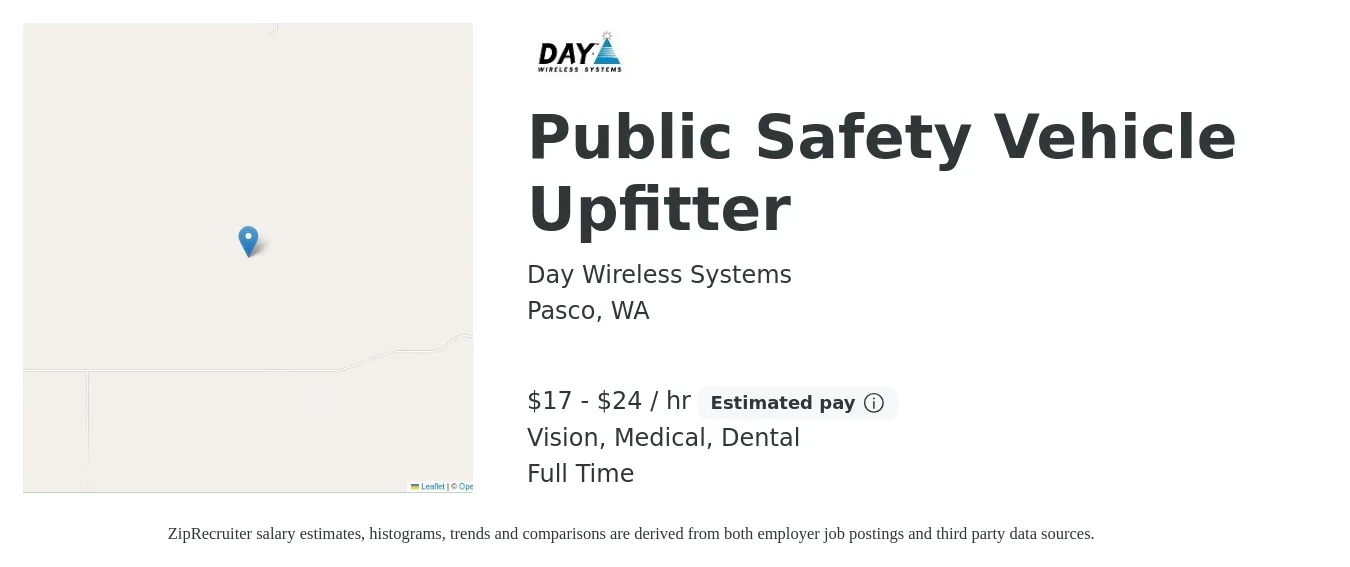 Day Wireless Systems job posting for a Public Safety Vehicle Upfitter in Pasco, WA with a salary of $18 to $25 Hourly and benefits including dental, life_insurance, medical, retirement, and vision with a map of Pasco location.
