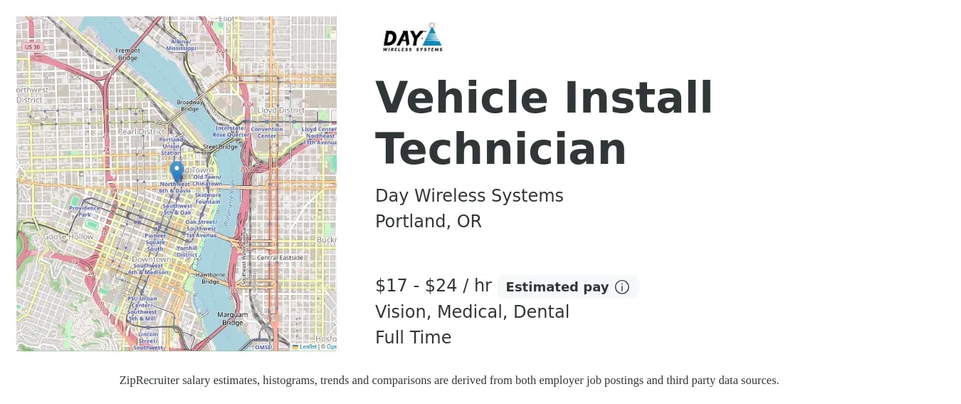Day Wireless Systems job posting for a Vehicle Install Technician in Portland, OR with a salary of $18 to $25 Hourly and benefits including life_insurance, medical, retirement, vision, and dental with a map of Portland location.