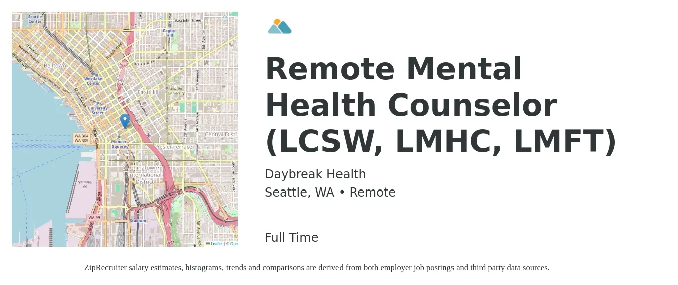 Daybreak Health job posting for a Remote Mental Health Counselor (LCSW, LMHC, LMFT) in Seattle, WA with a salary of $66,600 to $100,100 Yearly with a map of Seattle location.