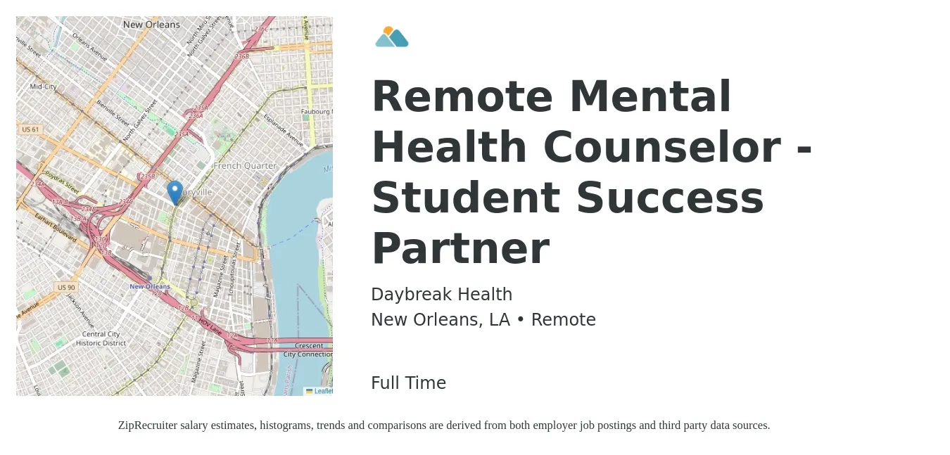 Daybreak Health job posting for a Remote Mental Health Counselor - Student Success Partner in New Orleans, LA with a salary of $59,500 to $96,000 Yearly with a map of New Orleans location.