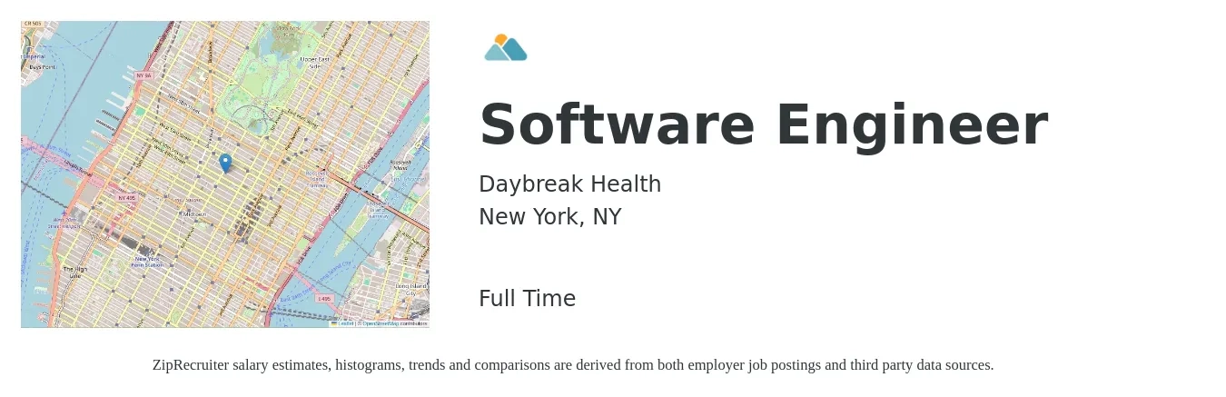 Daybreak Health job posting for a Software Engineer in New York, NY with a salary of $131,300 to $189,300 Yearly with a map of New York location.
