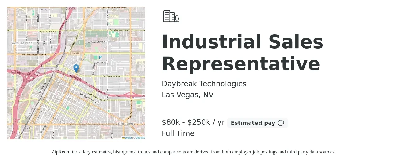 Daybreak Technologies job posting for a Industrial Sales Representative in Las Vegas, NV with a salary of $80,000 to $250,000 Yearly (plus commission) and benefits including pto with a map of Las Vegas location.