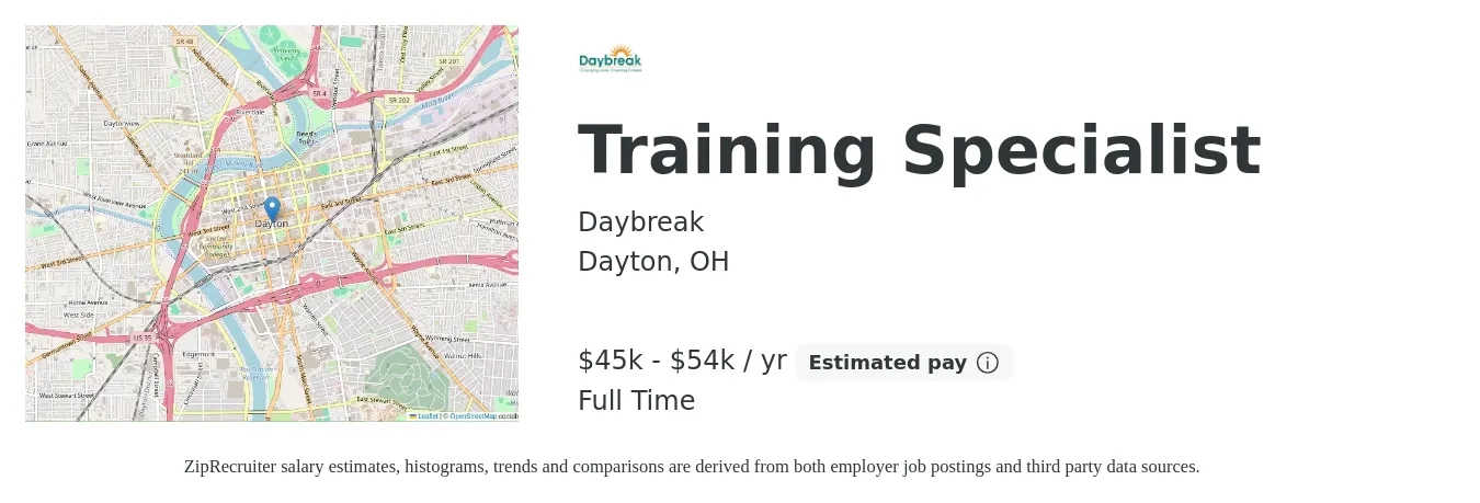 Daybreak job posting for a Training Specialist in Dayton, OH with a salary of $45,000 to $54,000 Yearly with a map of Dayton location.