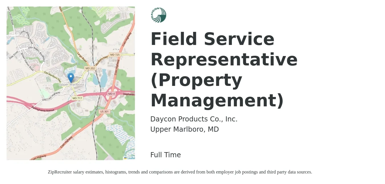 Daycon Products Co., Inc. job posting for a Field Service Representative (Property Management) in Upper Marlboro, MD with a salary of $50,000 to $55,000 Yearly with a map of Upper Marlboro location.