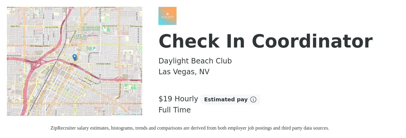 Daylight Beach Club job posting for a Check In Coordinator in Las Vegas, NV with a salary of $20 Hourly with a map of Las Vegas location.