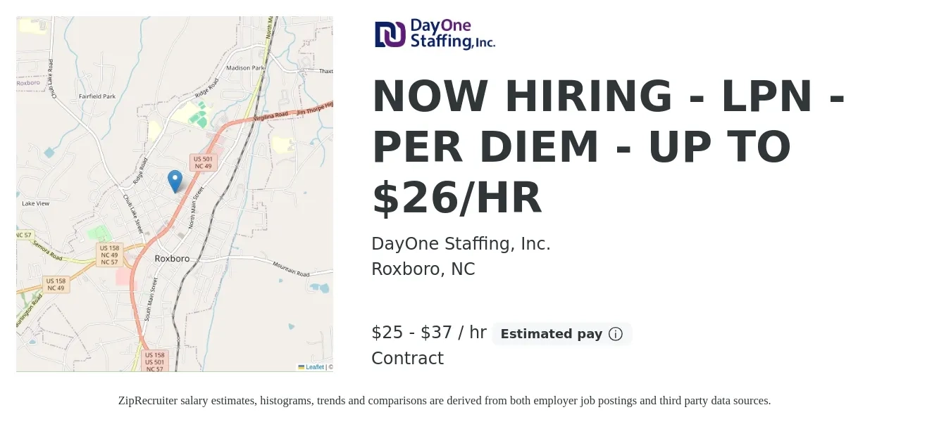 DayOne Staffing, Inc. job posting for a NOW HIRING - LPN - PER DIEM - UP TO $26/HR in Roxboro, NC with a salary of $26 to $39 Hourly with a map of Roxboro location.