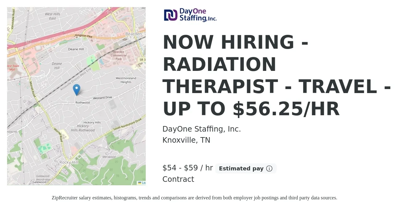 DayOne Staffing, Inc. job posting for a NOW HIRING - RADIATION THERAPIST - TRAVEL - UP TO $56.25/HR in Knoxville, TN with a salary of $56 to $62 Hourly with a map of Knoxville location.