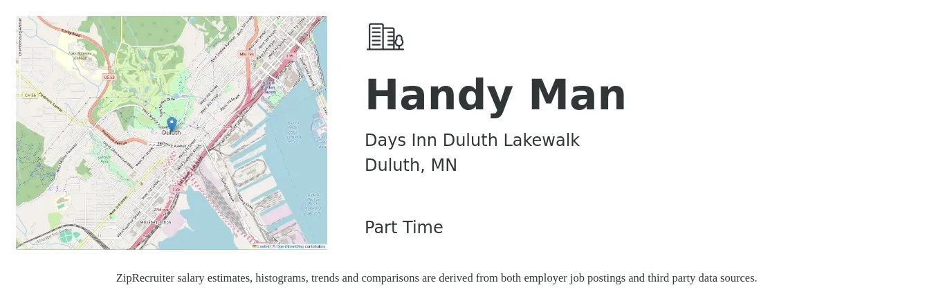 Days Inn Duluth Lakewalk job posting for a Handy Man in Duluth, MN with a salary of $22 to $30 Hourly with a map of Duluth location.