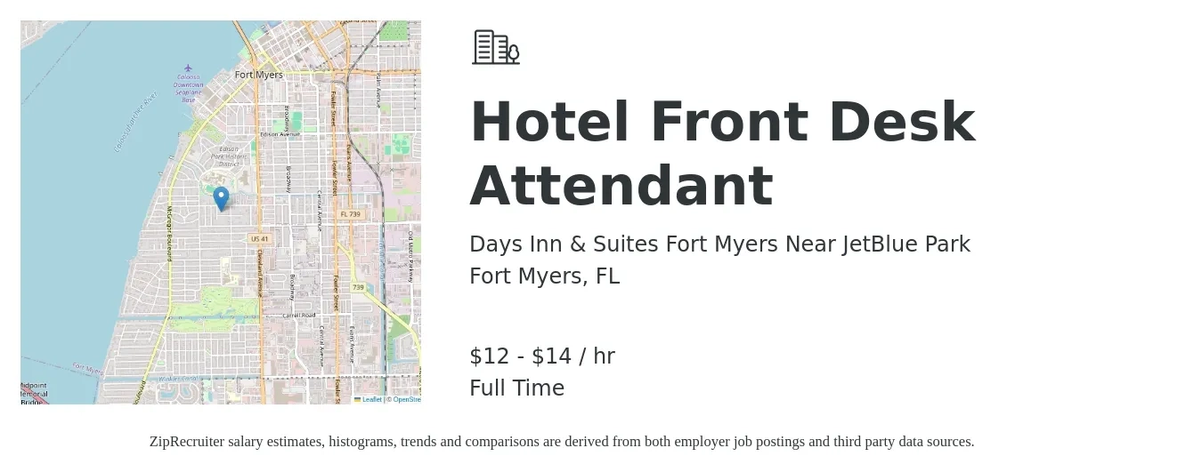 Days Inn & Suites Fort Myers Near JetBlue Park job posting for a Hotel Front Desk Attendant in Fort Myers, FL with a salary of $13 to $15 Hourly with a map of Fort Myers location.