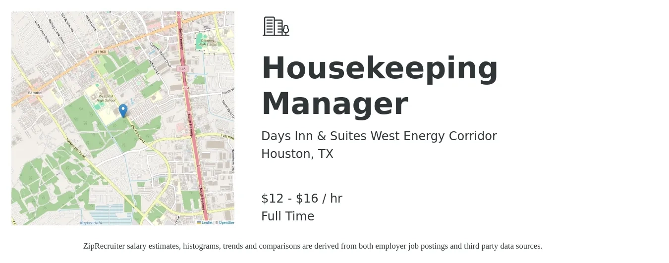Days Inn & Suites West Energy Corridor job posting for a Housekeeping Manager in Houston, TX with a salary of $13 to $17 Hourly with a map of Houston location.