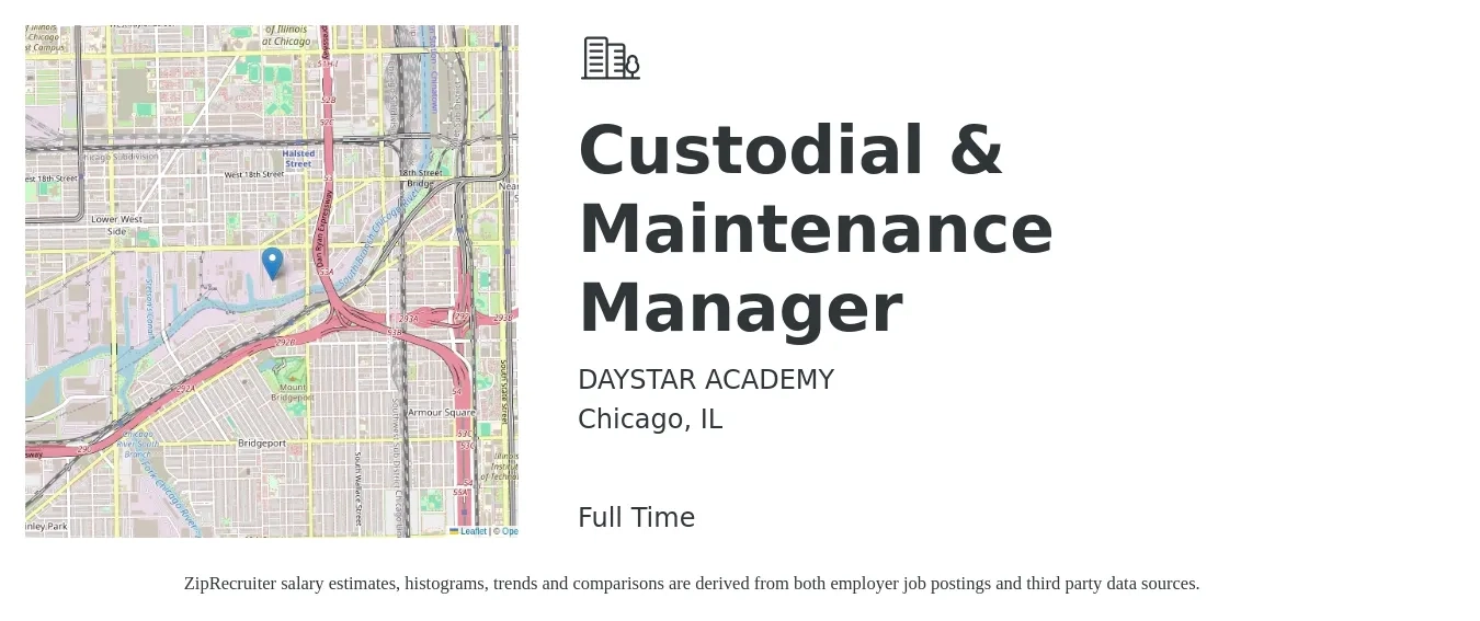 DAYSTAR ACADEMY job posting for a Custodial & Maintenance Manager in Chicago, IL with a salary of $20 Hourly with a map of Chicago location.
