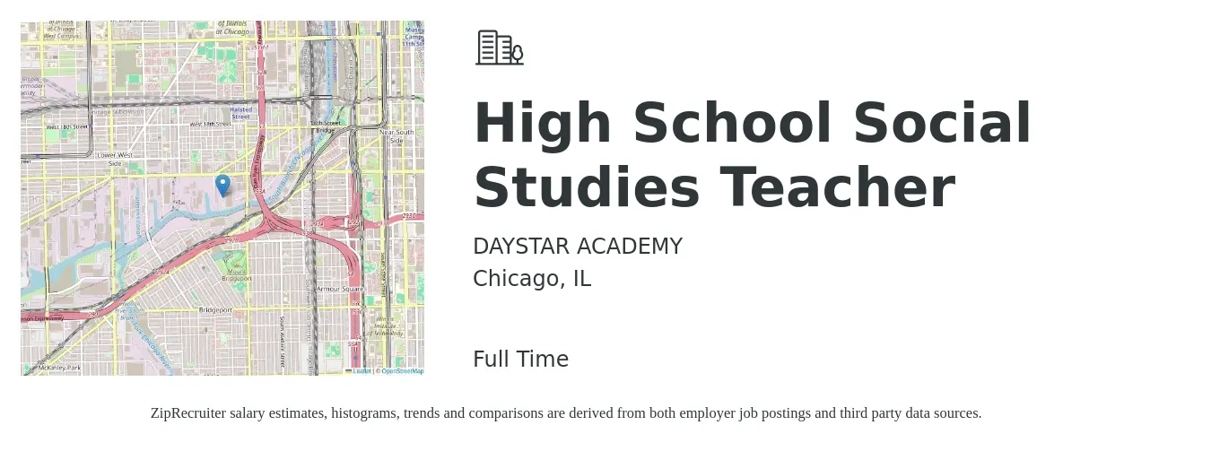 DAYSTAR ACADEMY job posting for a High School Social Studies Teacher in Chicago, IL with a salary of $51,600 to $69,100 Yearly with a map of Chicago location.