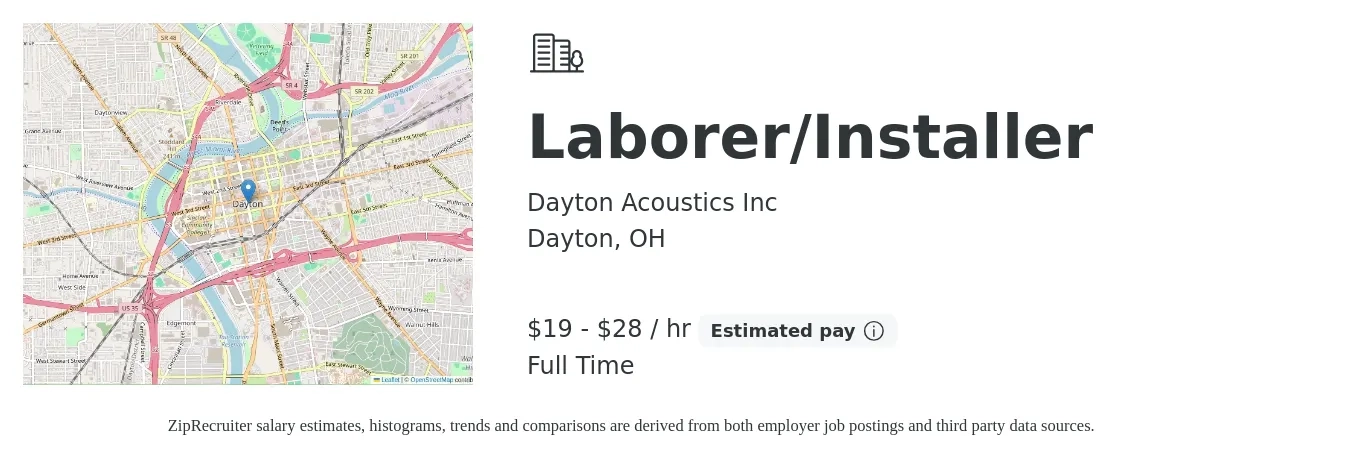 Dayton Acoustics Inc job posting for a Laborer/Installer in Dayton, OH with a salary of $20 to $30 Hourly and benefits including retirement with a map of Dayton location.