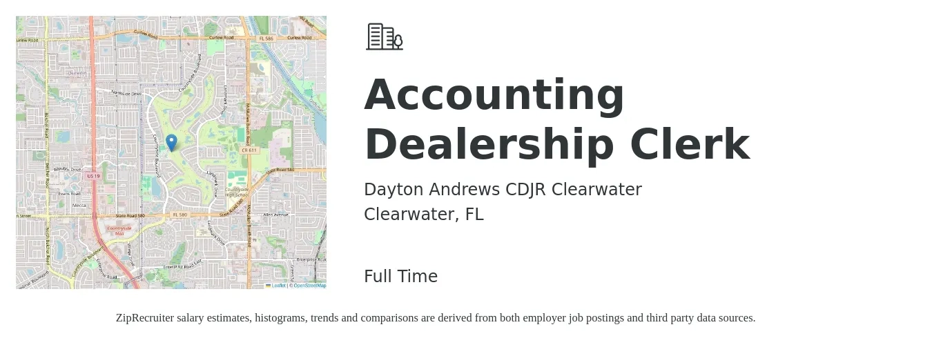 Dayton Andrews CDJR Clearwater job posting for a Accounting Dealership Clerk in Clearwater, FL with a salary of $17 to $22 Hourly with a map of Clearwater location.