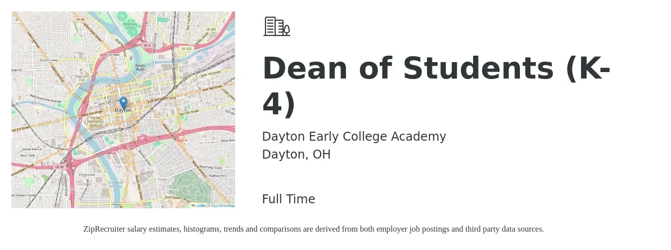 Dayton Early College Academy job posting for a Dean of Students (K-4) in Dayton, OH with a salary of $53,400 to $88,900 Yearly with a map of Dayton location.