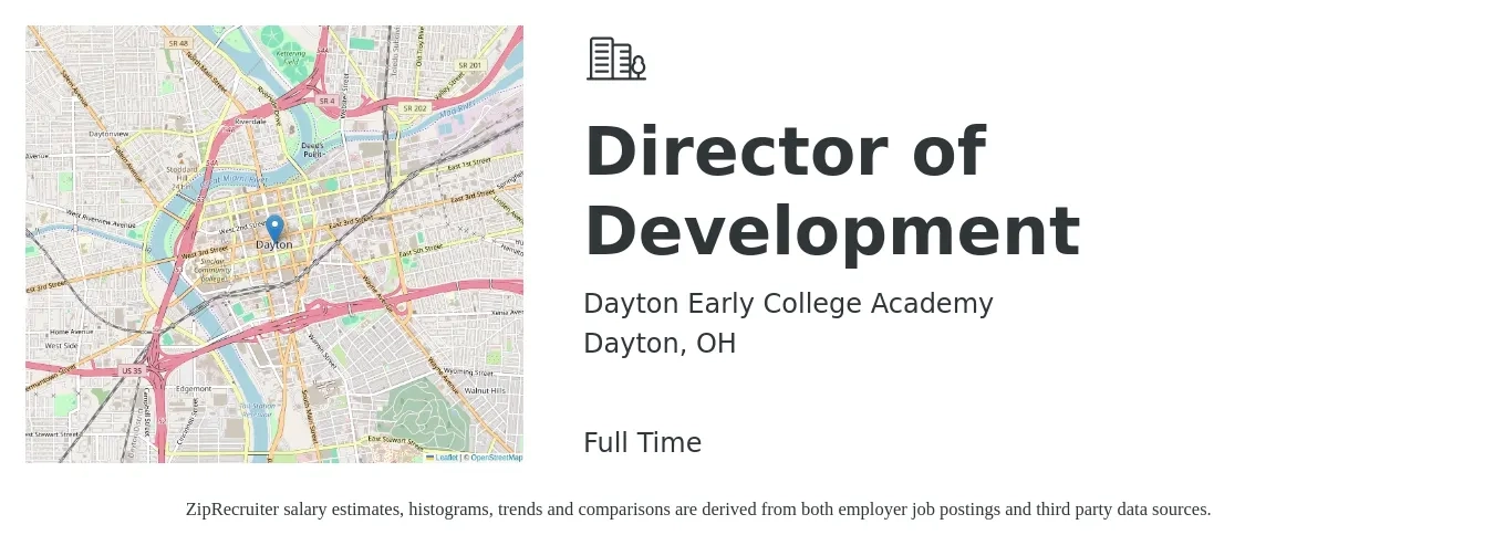Dayton Early College Academy job posting for a Director of Development in Dayton, OH with a salary of $68,000 to $105,400 Yearly with a map of Dayton location.
