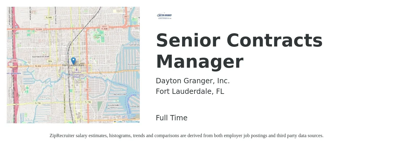 Dayton Granger, Inc. job posting for a Senior Contracts Manager in Fort Lauderdale, FL with a salary of $86,500 to $130,000 Yearly with a map of Fort Lauderdale location.