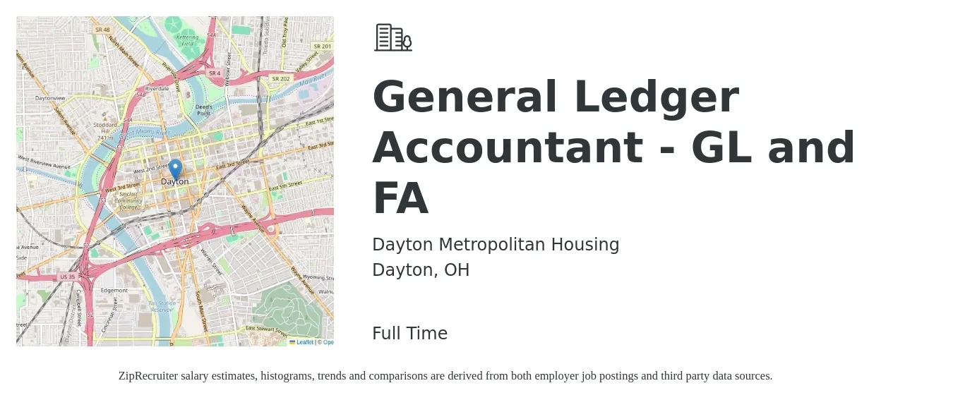 Dayton Metropolitan Housing job posting for a General Ledger Accountant - GL and FA in Dayton, OH with a salary of $49,500 to $67,800 Yearly with a map of Dayton location.