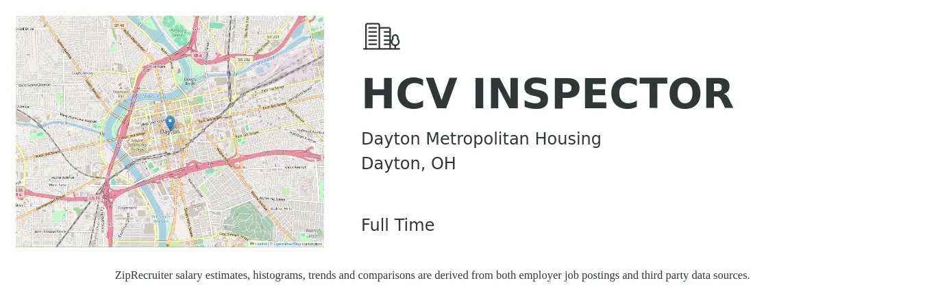 Dayton Metropolitan Housing job posting for a HCV INSPECTOR in Dayton, OH with a salary of $18 to $30 Hourly with a map of Dayton location.