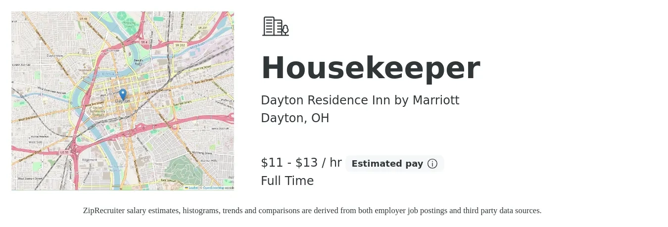 Dayton Residence Inn by Marriott job posting for a Housekeeper in Dayton, OH with a salary of $12 to $14 Hourly with a map of Dayton location.