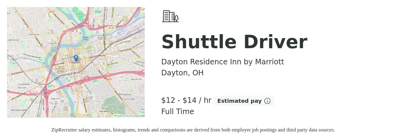 Dayton Residence Inn by Marriott job posting for a Shuttle Driver in Dayton, OH with a salary of $13 to $15 Hourly with a map of Dayton location.