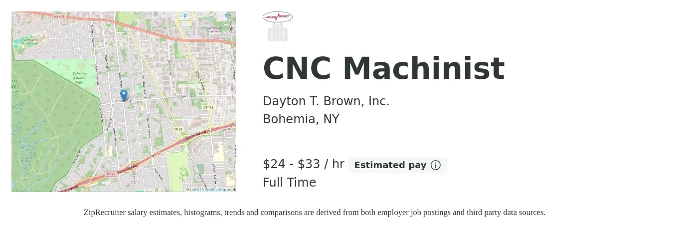Dayton T. Brown, Inc. job posting for a CNC Machinist in Bohemia, NY with a salary of $25 to $35 Hourly with a map of Bohemia location.