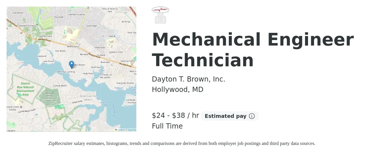 Dayton T. Brown, Inc. job posting for a Mechanical Engineer Technician in Hollywood, MD with a salary of $25 to $40 Hourly with a map of Hollywood location.
