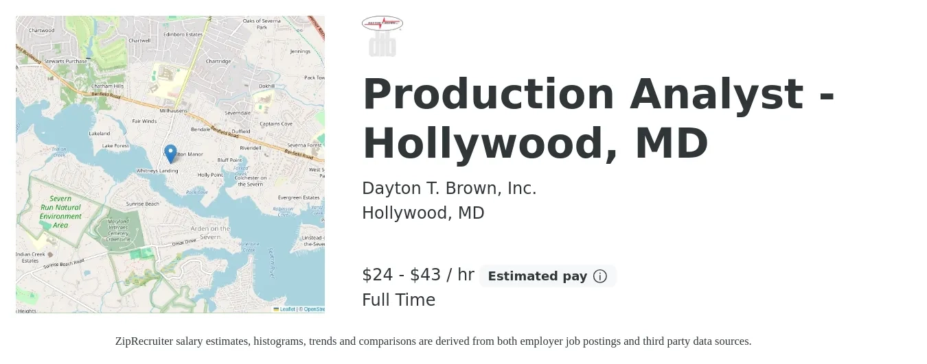 Dayton T. Brown, Inc. job posting for a Production Analyst - Hollywood, MD in Hollywood, MD with a salary of $25 to $45 Hourly with a map of Hollywood location.