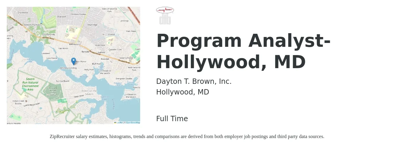 Dayton T. Brown, Inc. job posting for a Program Analyst- Hollywood, MD in Hollywood, MD with a salary of $24 to $38 Hourly with a map of Hollywood location.