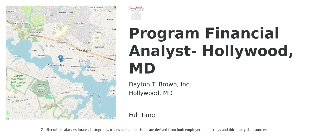 Dayton T. Brown, Inc. job posting for a Program Financial Analyst- Hollywood, MD in Hollywood, MD with a salary of $67,000 to $105,800 Yearly with a map of Hollywood location.