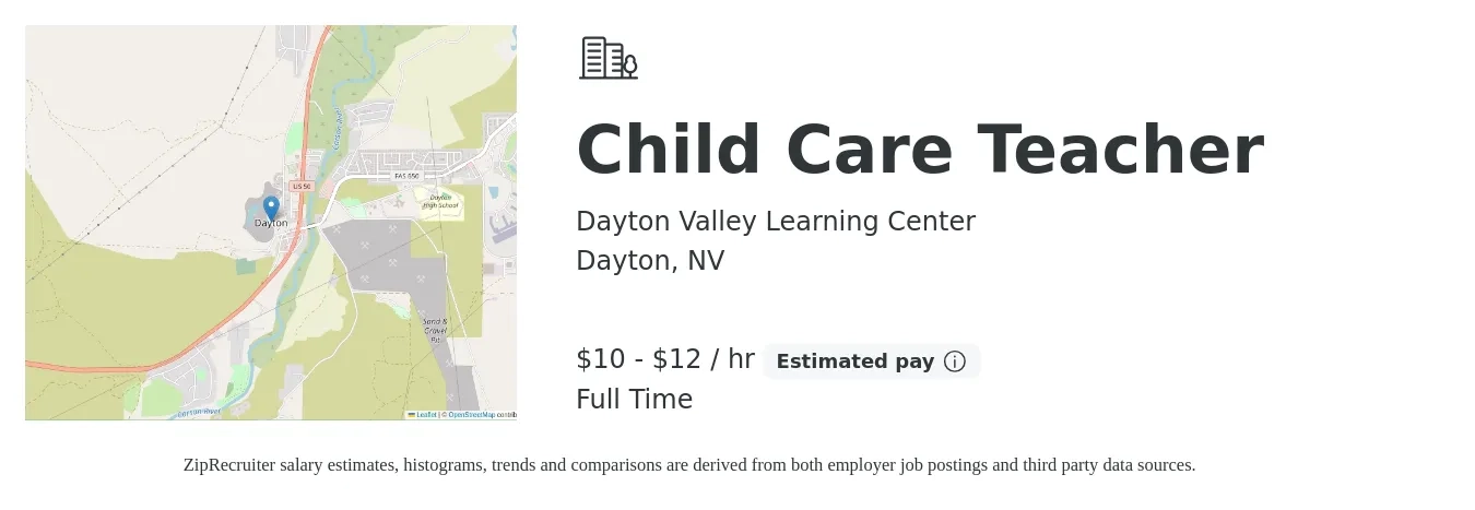 Dayton Valley Learning Center job posting for a Child Care Teacher in Dayton, NV with a salary of $11 to $13 Hourly with a map of Dayton location.
