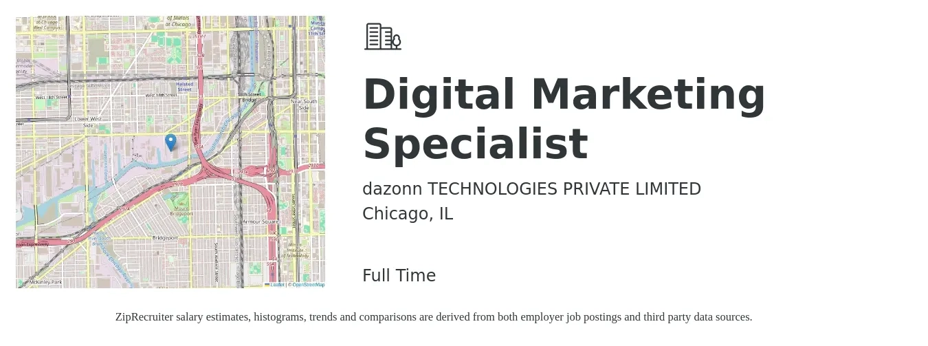 dazonn TECHNOLOGIES PRIVATE LIMITED job posting for a Digital Marketing Specialist in Chicago, IL with a salary of $51,500 to $76,700 Yearly with a map of Chicago location.