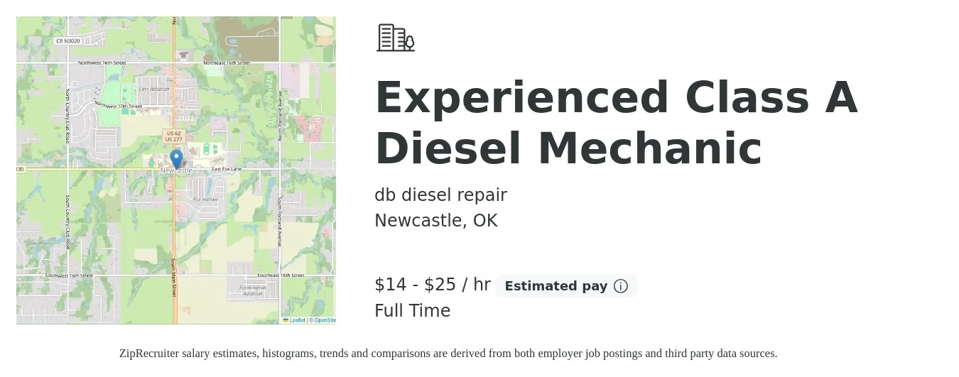 db Diesel Repair job posting for a Experienced Class A Diesel Mechanic in Newcastle, OK with a salary of $15 to $27 Hourly with a map of Newcastle location.