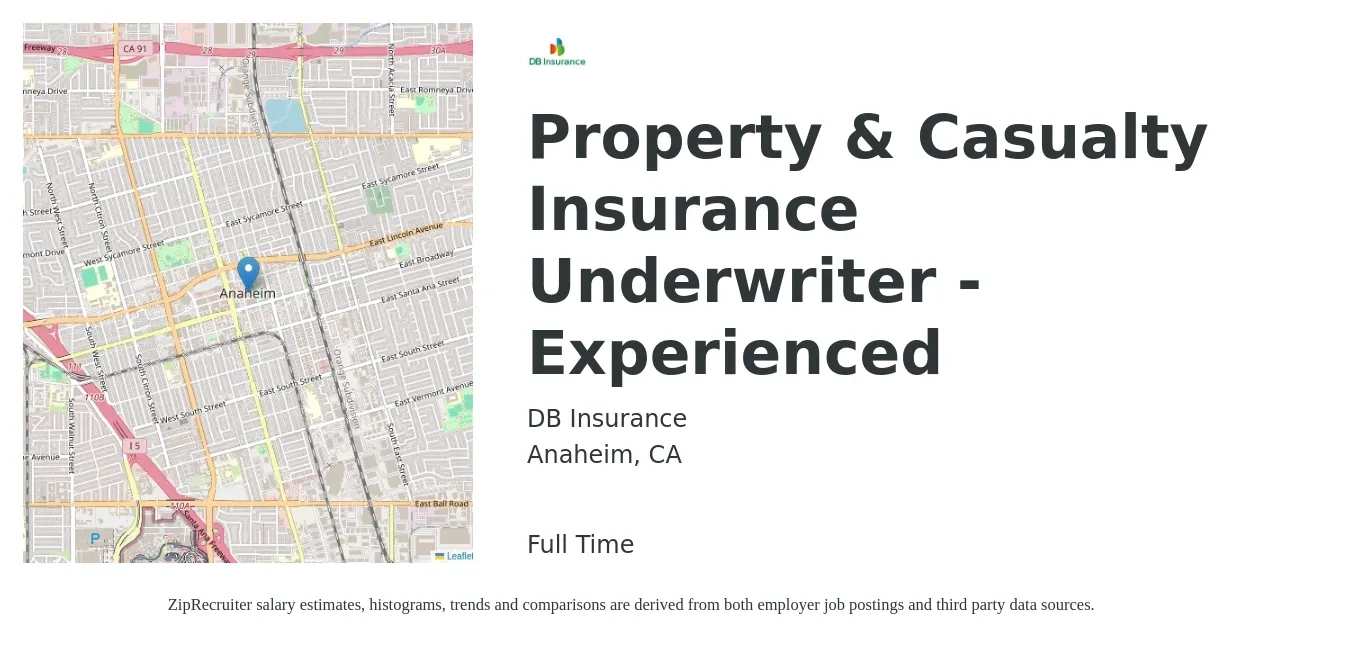 DB Insurance job posting for a Property & Casualty Insurance Underwriter - Experienced in Anaheim, CA with a salary of $65,000 to $100,000 Yearly with a map of Anaheim location.