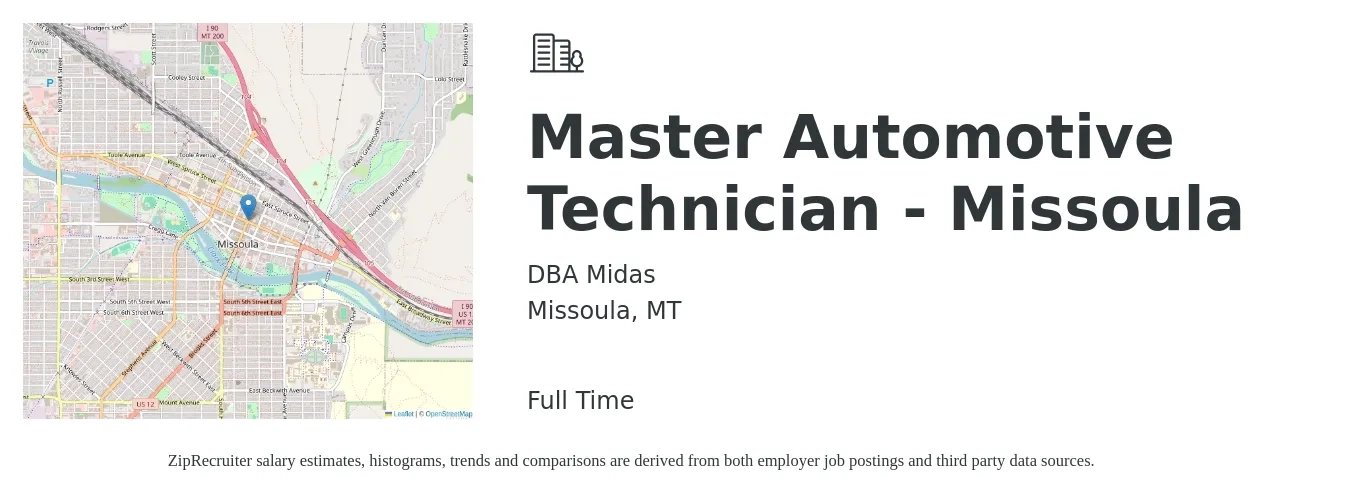 DBA Midas job posting for a Master Automotive Technician - Missoula in Missoula, MT with a salary of $1,800 to $2,400 Weekly with a map of Missoula location.