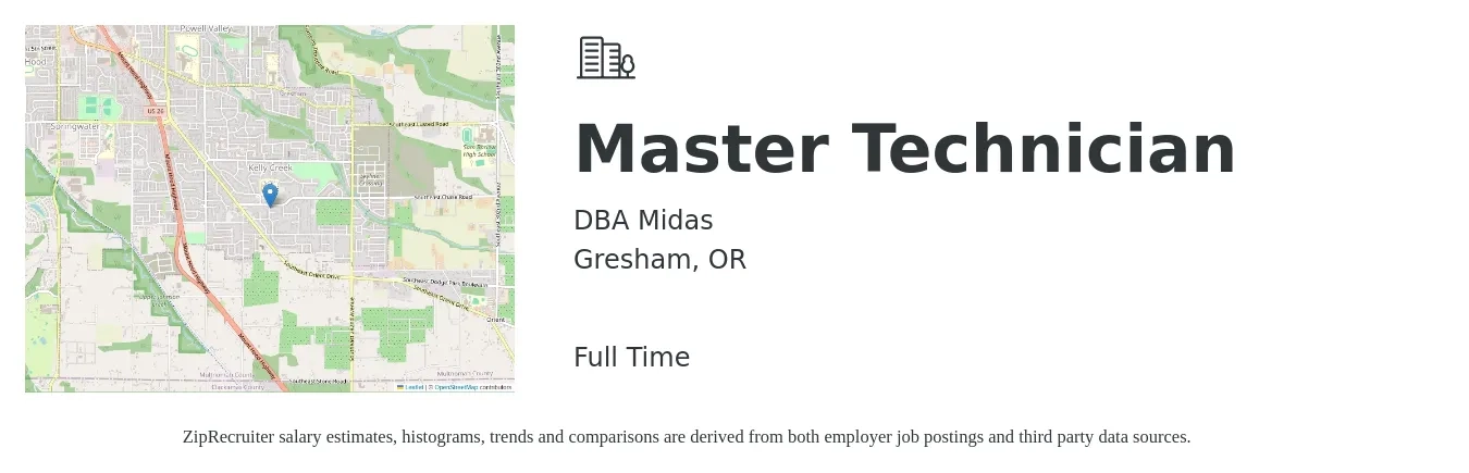 DBA Midas job posting for a Master Technician in Gresham, OR with a salary of $100,000 Yearly with a map of Gresham location.